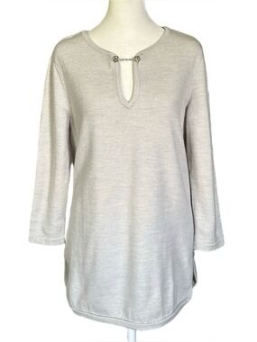 Tory Burch Merino Wool V-Neck Gold Chain Long Sleeve Tunic Sweater Sz Medium